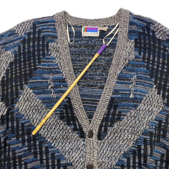 Vintage Sweater Graphix Blue Gray Geometric Cardigan Retro Mens XL Grandpacore - Picture 5 of 16